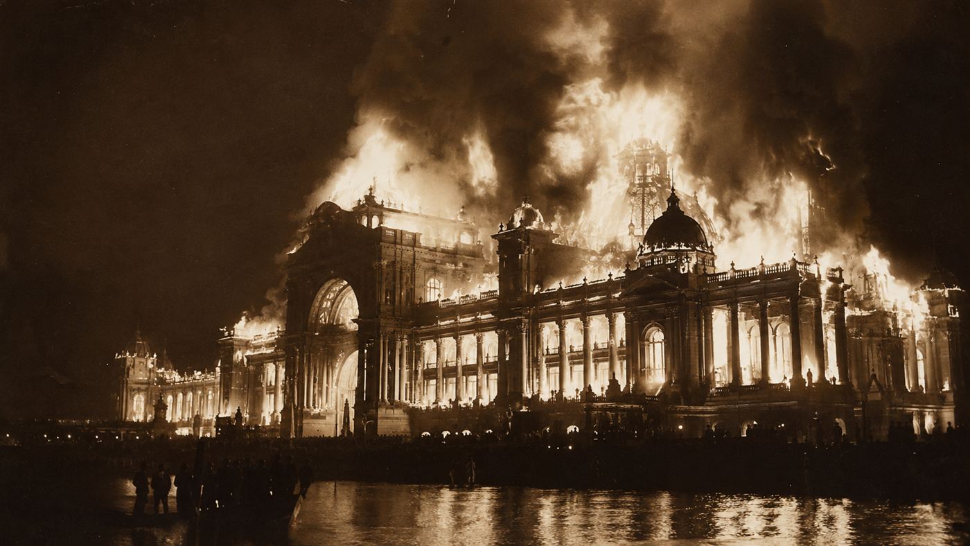 One of the great white fair palaces engulfed in flames in 1894, its plaster facade burning against a night sky over Chicago
