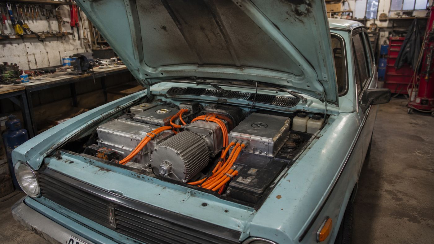 The open hood of the White Zombie showing twin electric motors and thick orange high-voltage cables where the engine was