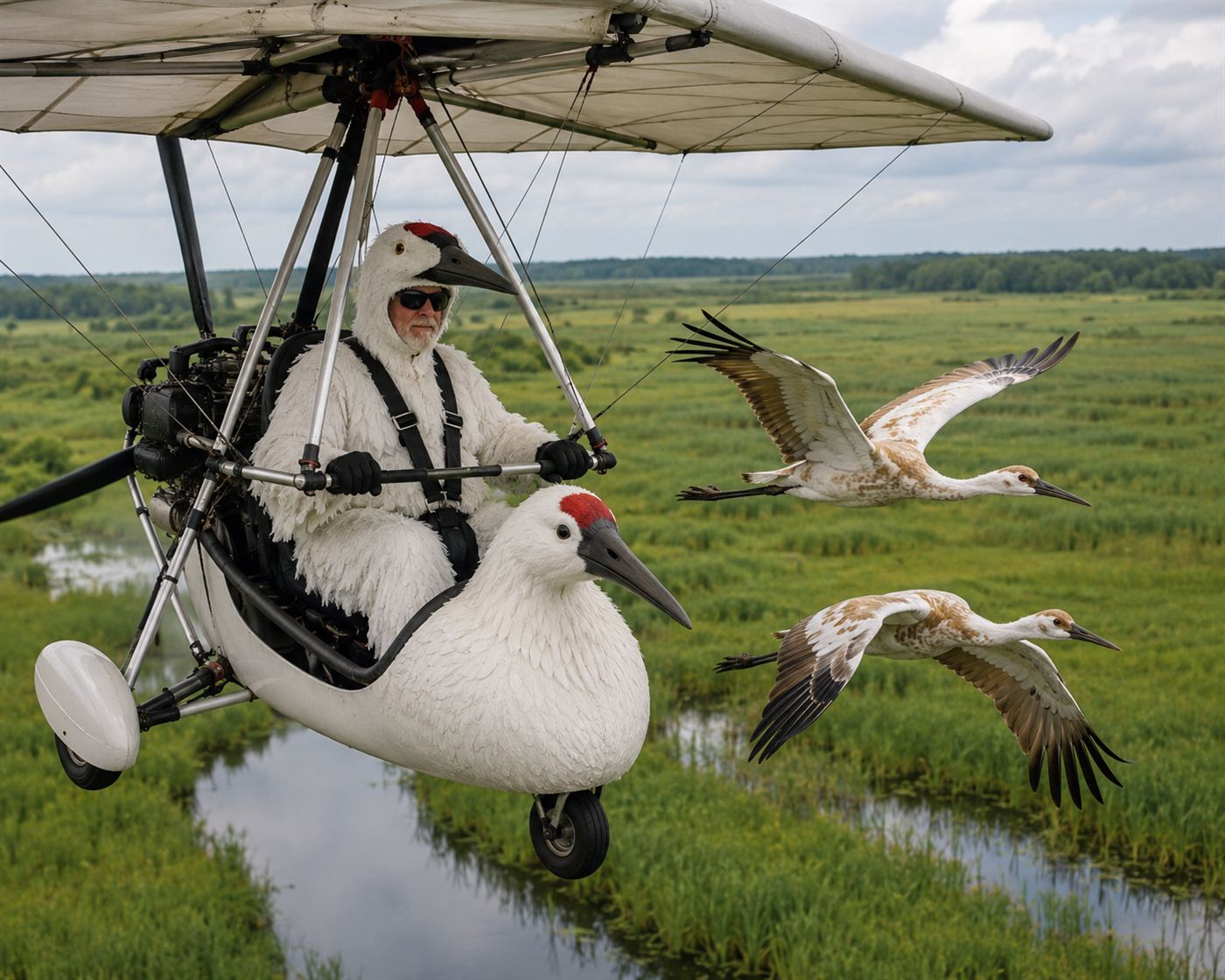 Ultralight aircraft pilot wearing a full white whooping crane costume flying low over a marsh with juvenile whooping cranes flying alongside during Operation Migration