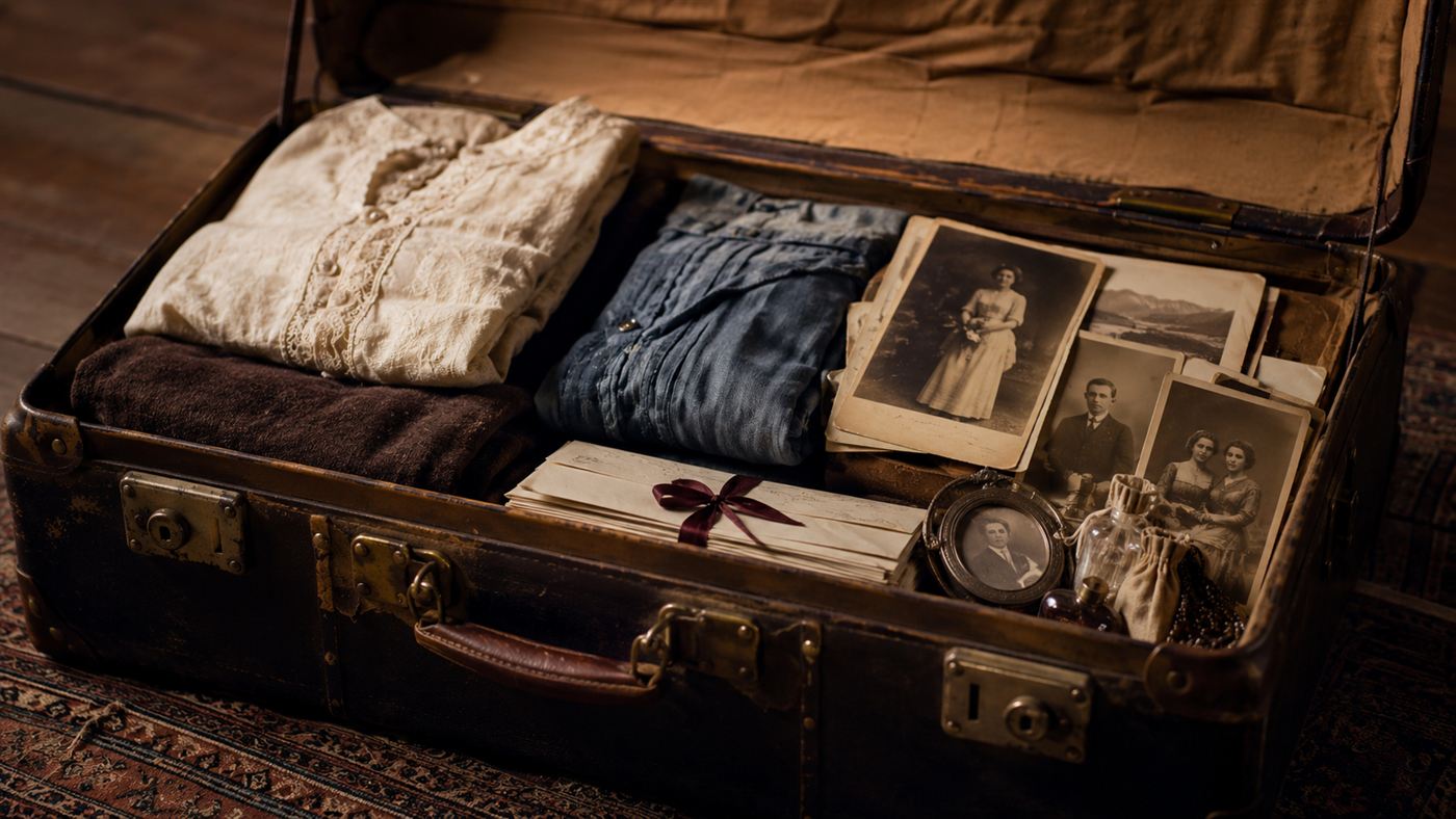 An open vintage suitcase revealing old photographs, letters, folded clothes and small personal keepsakes from an early-20th-century patient