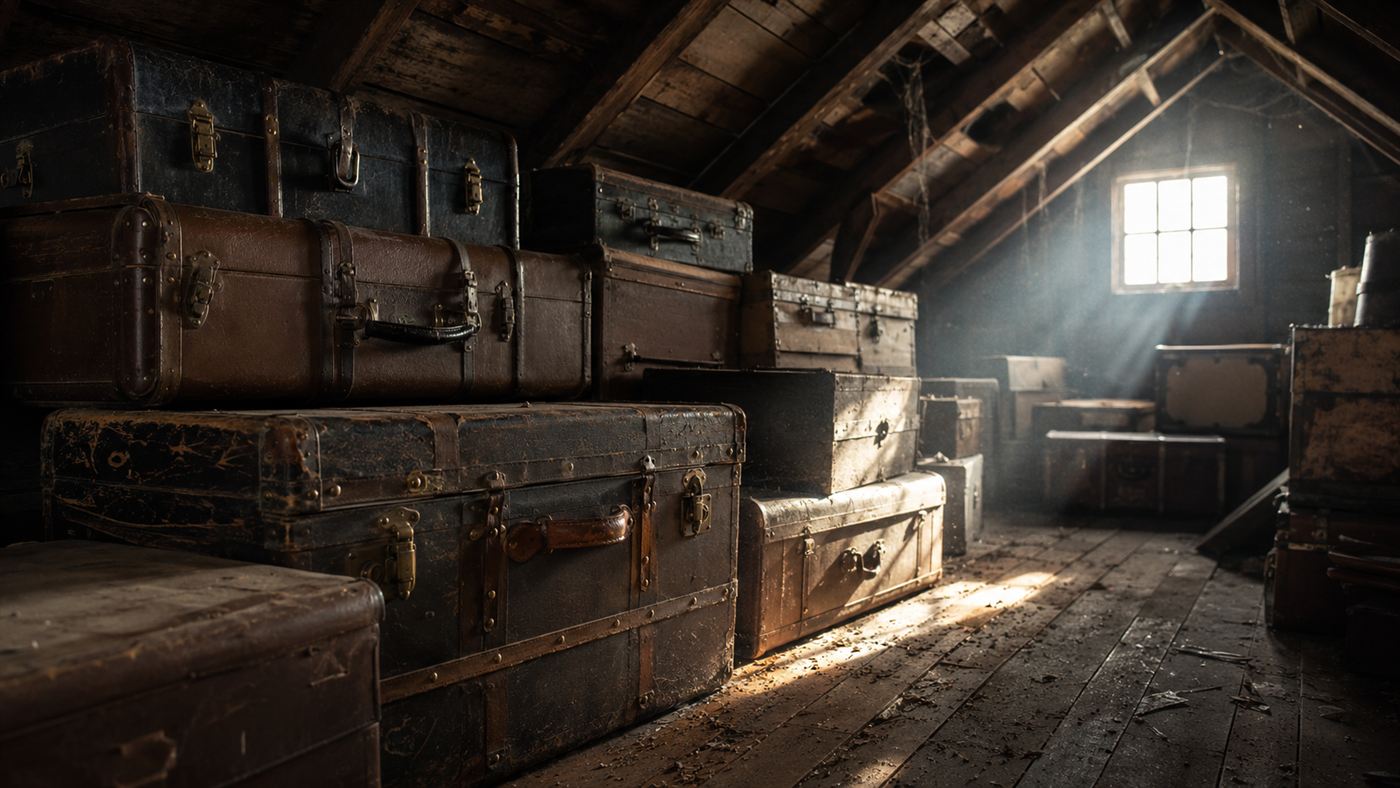 The Willard suitcases, rows of old leather and cardboard cases and steamer trunks stacked and gathering dust in a dim asylum attic