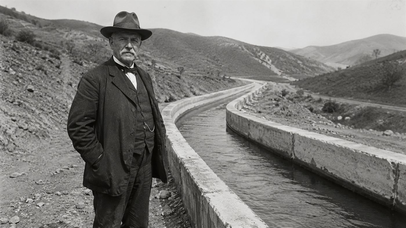 A weathered early-twentieth-century engineer in a suit standing beside a concrete aqueduct channel in the California hills