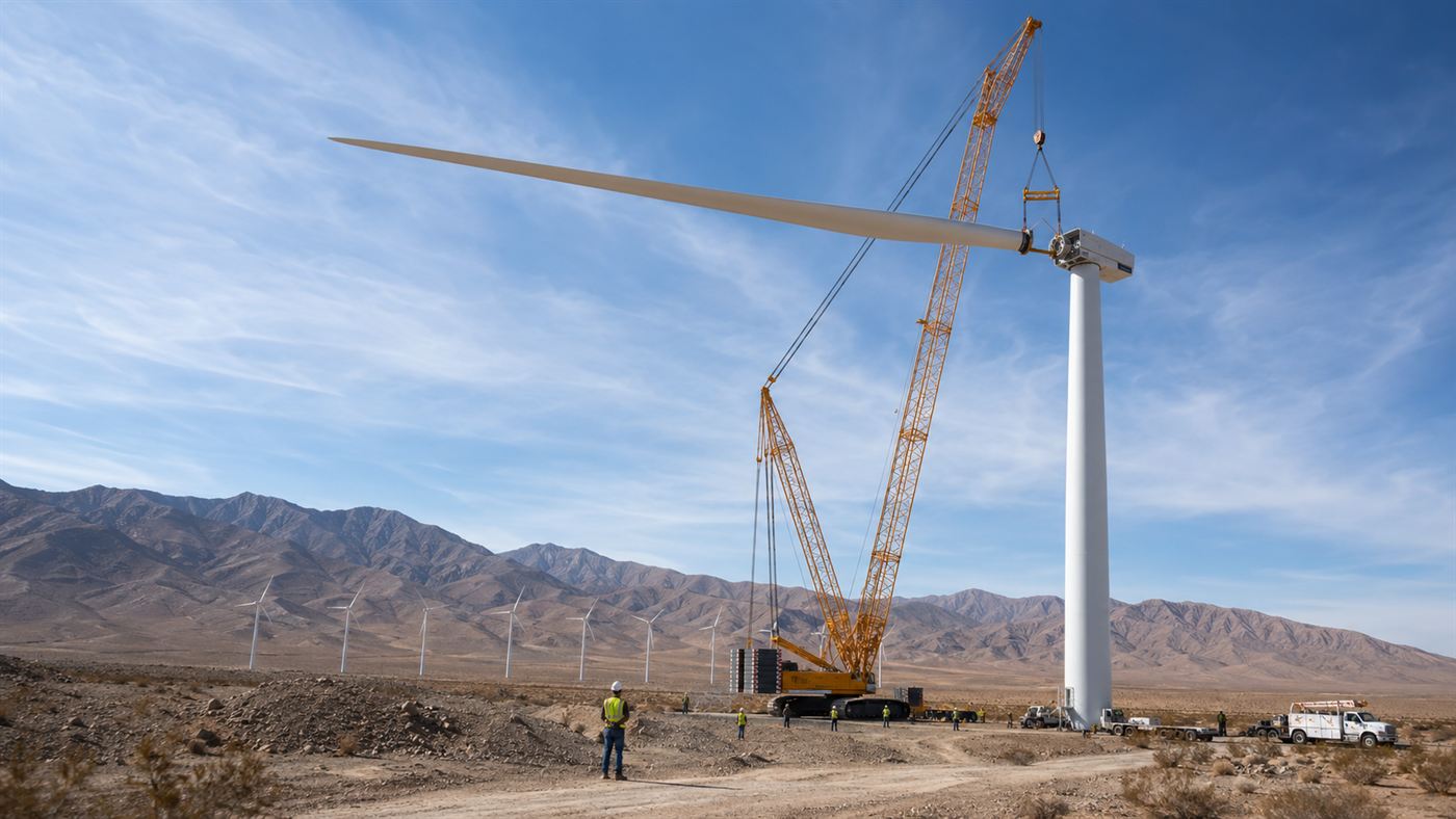 A tall crane lifting a wind turbine blade into place during construction of a large desert wind farm