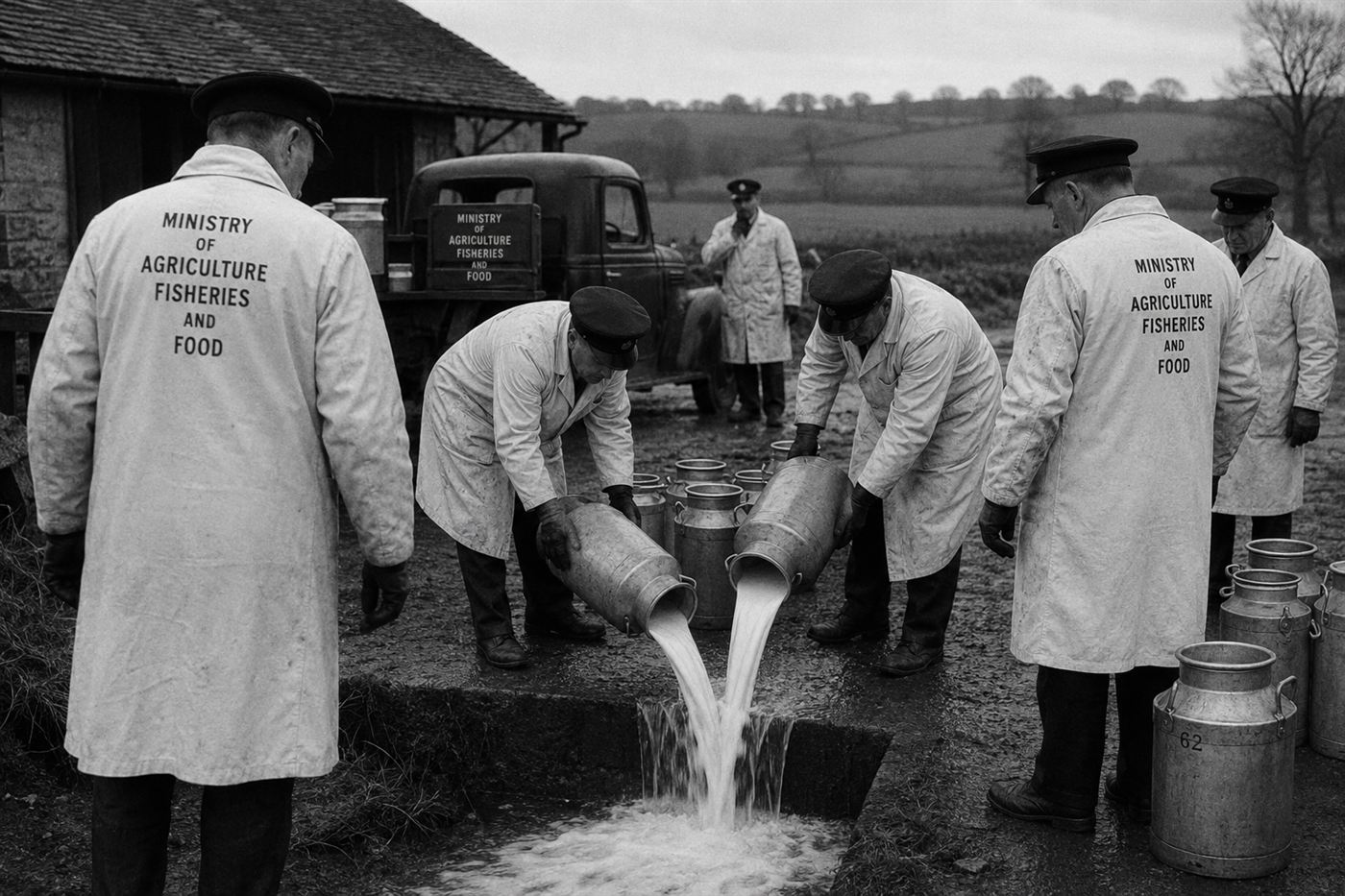 Government workers in protective coats collecting and disposing of contaminated milk from Cumberland farms after the Windscale nuclear accident in 1957, large metal churns being emptied