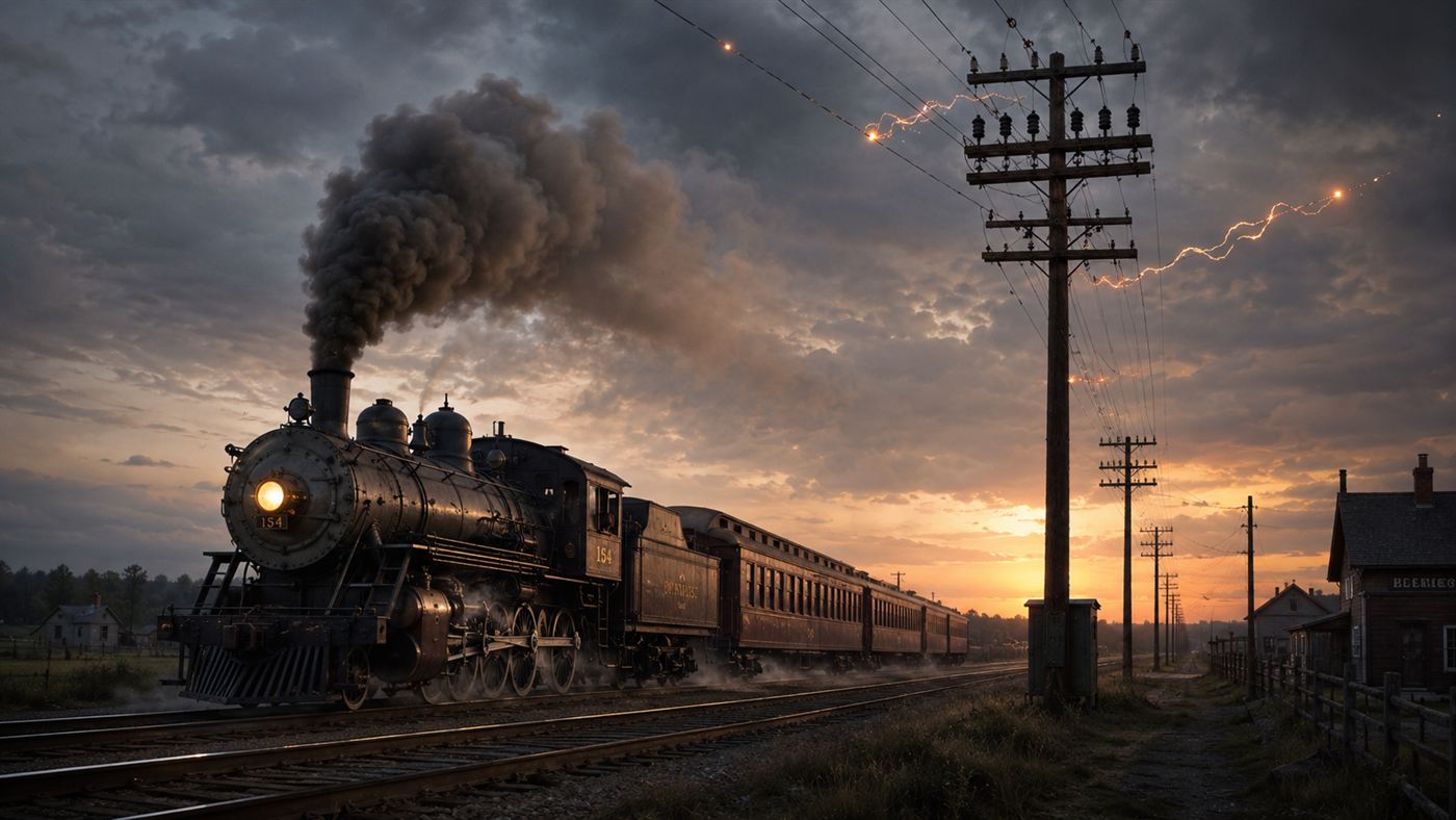 A 19th-century steam train running beside telegraph poles and wires, illustrating how the induction telegraph passed messages to moving trains