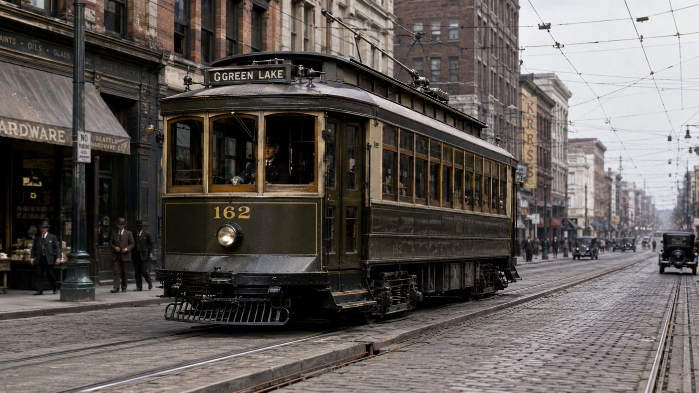 An early electric streetcar drawing power from a rail, illustrating Granville Woods's contribution to the electric railway