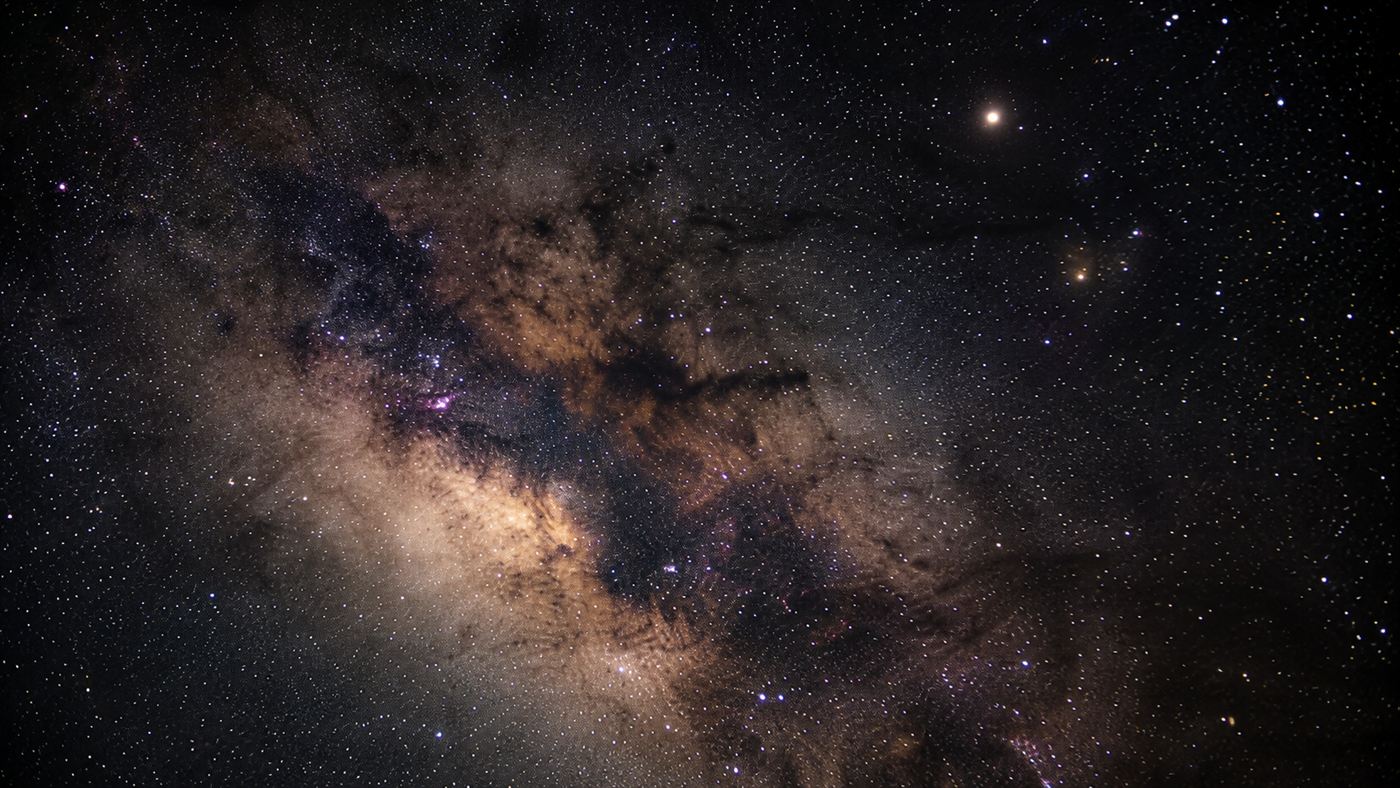 A dense star field toward the constellation Sagittarius, the direction the Wow signal came from
