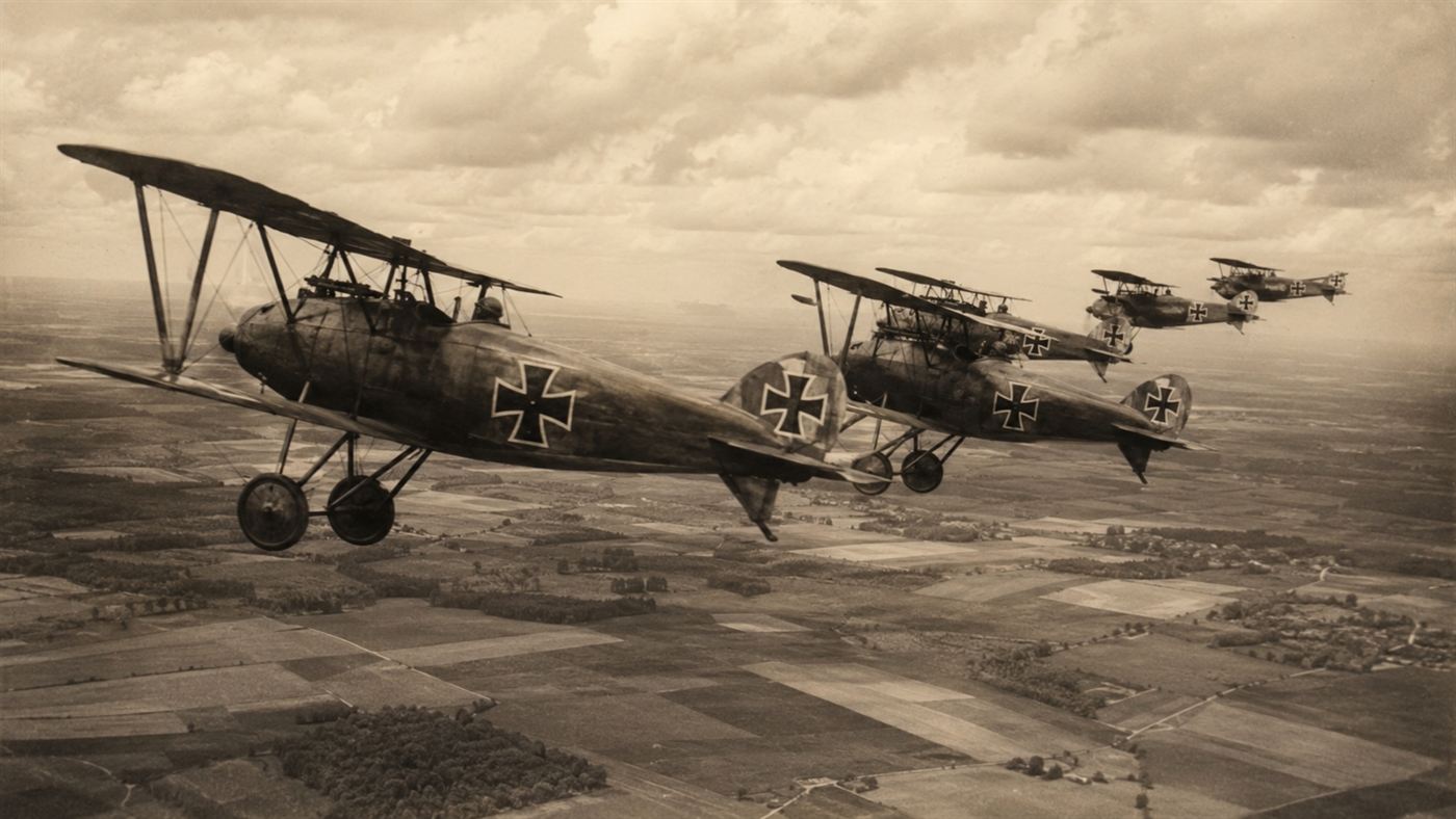 A formation of First World War era biplane fighters flying over the European countryside in 1917, aircraft that had outpaced American designs