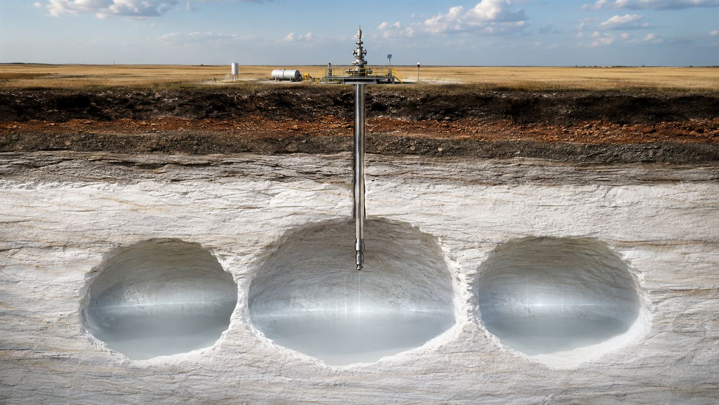 A cutaway illustration of natural gas stored in underground salt caverns beneath the Kansas prairie