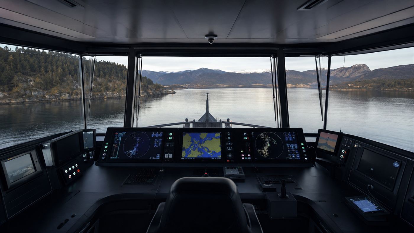 The empty bridge of the autonomous Yara Birkeland electric ship, with screens and sensors but no crew