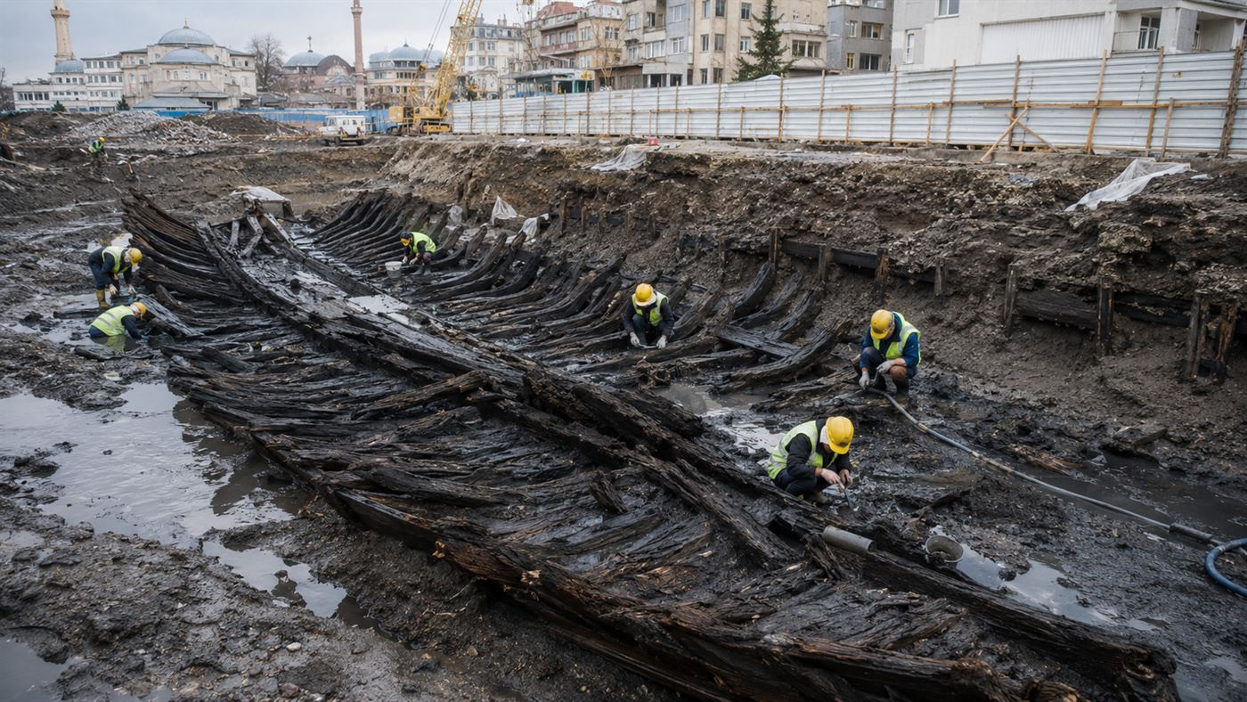 An archaeological excavation at Yenikapi with the timber remains of ancient shipwrecks unearthed during the Marmaray tunnel work