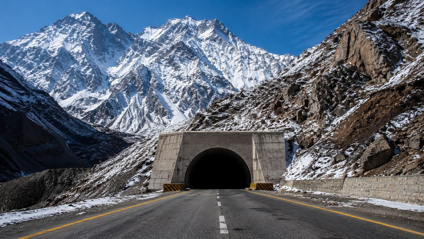The portal of the Zojila tunnel cut into a snowy Himalayan mountainside with a road leading in