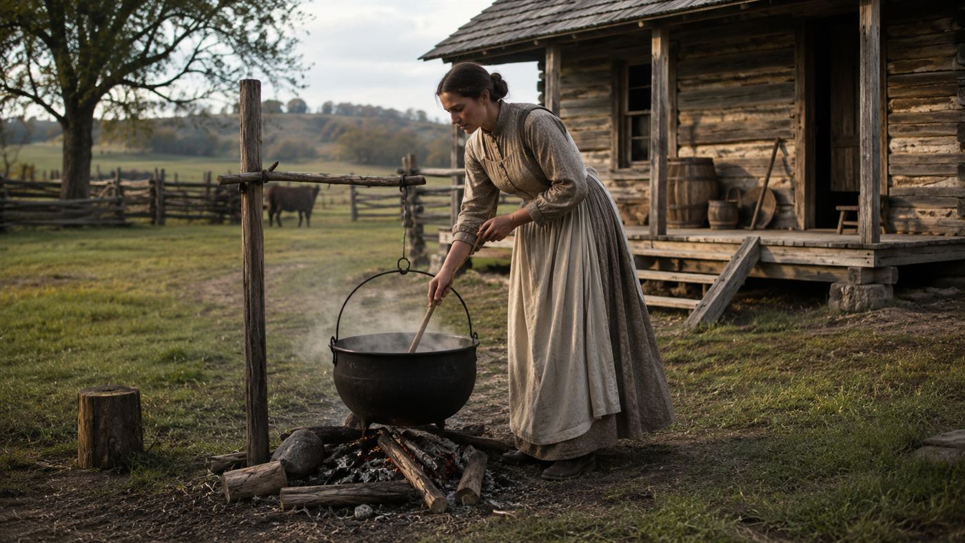 A woman in 1870s dress stirring a large iron soap kettle in the yard of a rustic Kentucky farmhouse