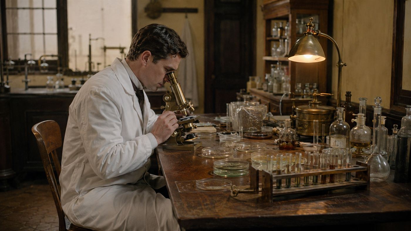 An early 1900s public health laboratory with a scientist at a microscope and glass flasks and test tubes on a wooden bench
