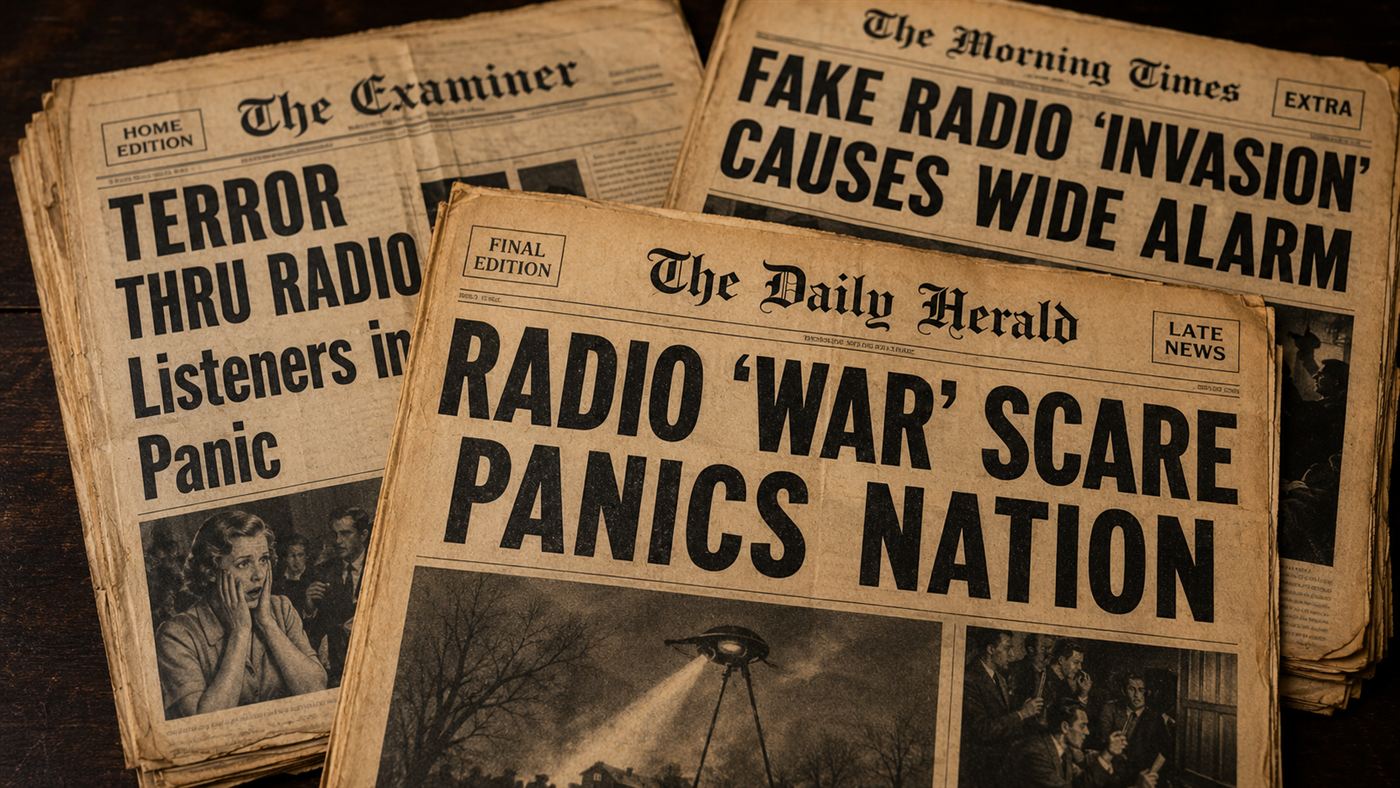 A stack of 1930s newspaper front pages with dramatic headlines about a radio scare