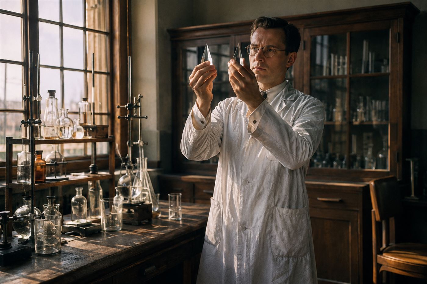 A 1940s chemistry laboratory with a scientist in a white coat holding glass optical prisms and beakers on a wooden bench