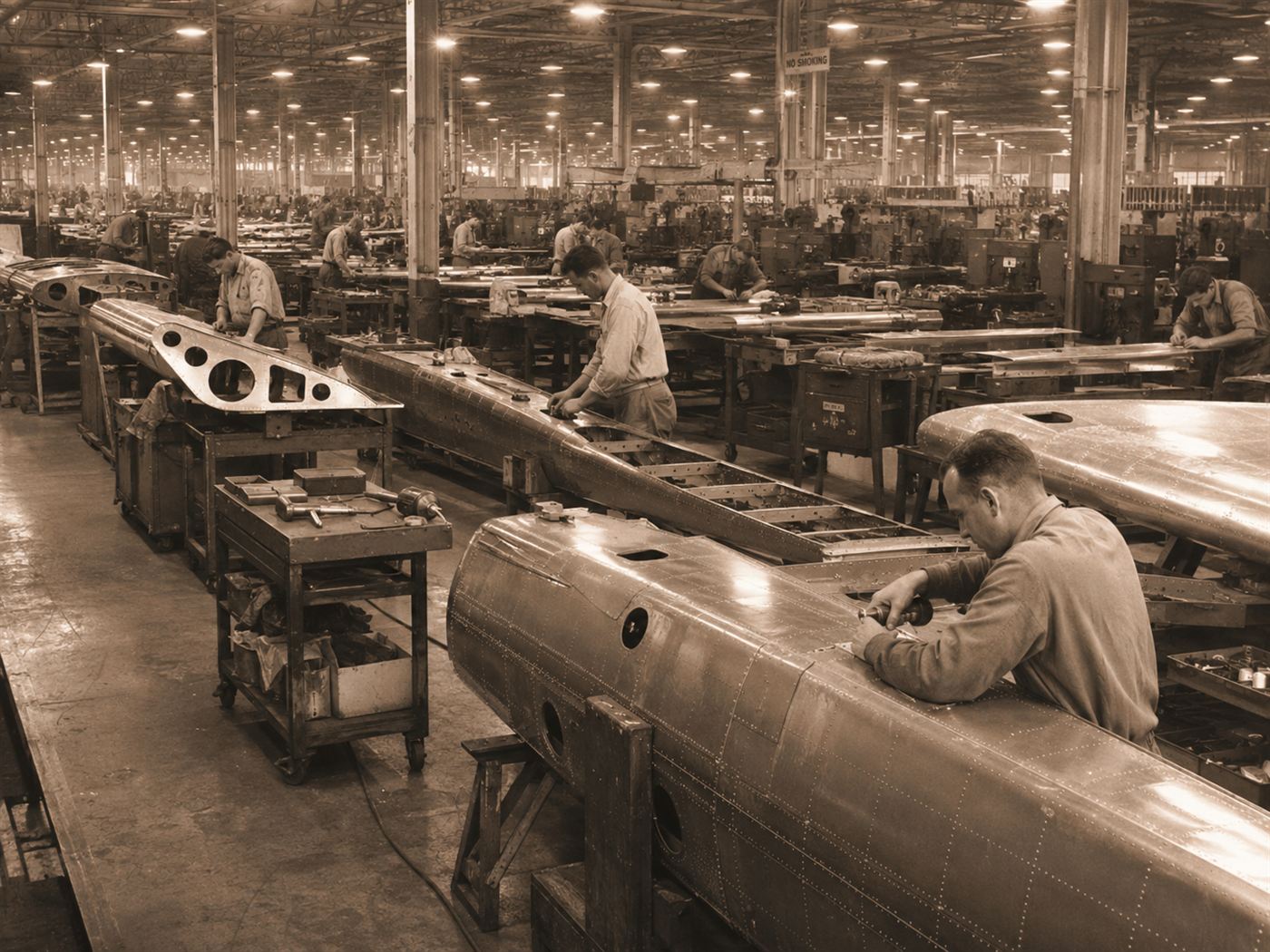 A 1940s wartime aluminium aircraft factory powered by hydroelectricity like that from Grand Coulee Dam