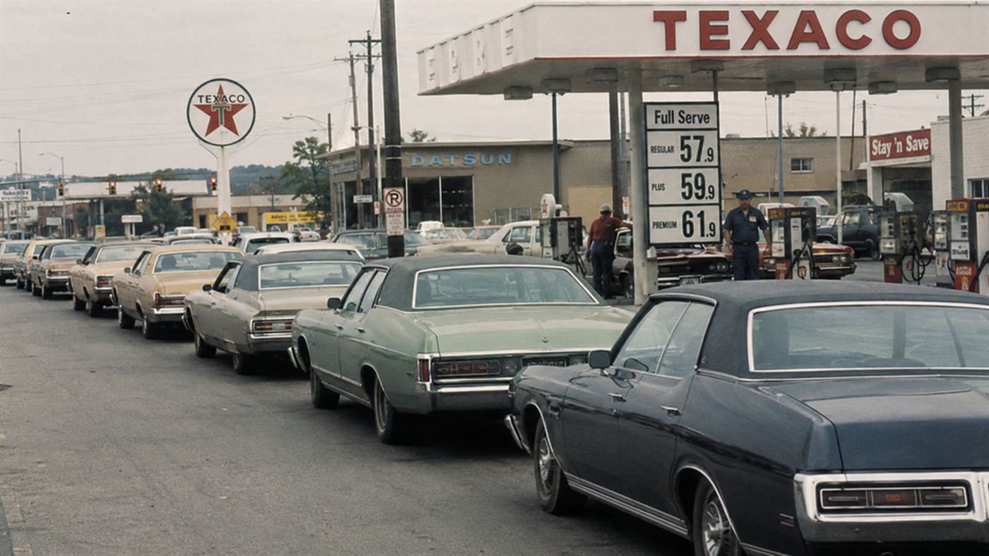 A long line of cars queuing at a gas station during the 1970s oil crisis