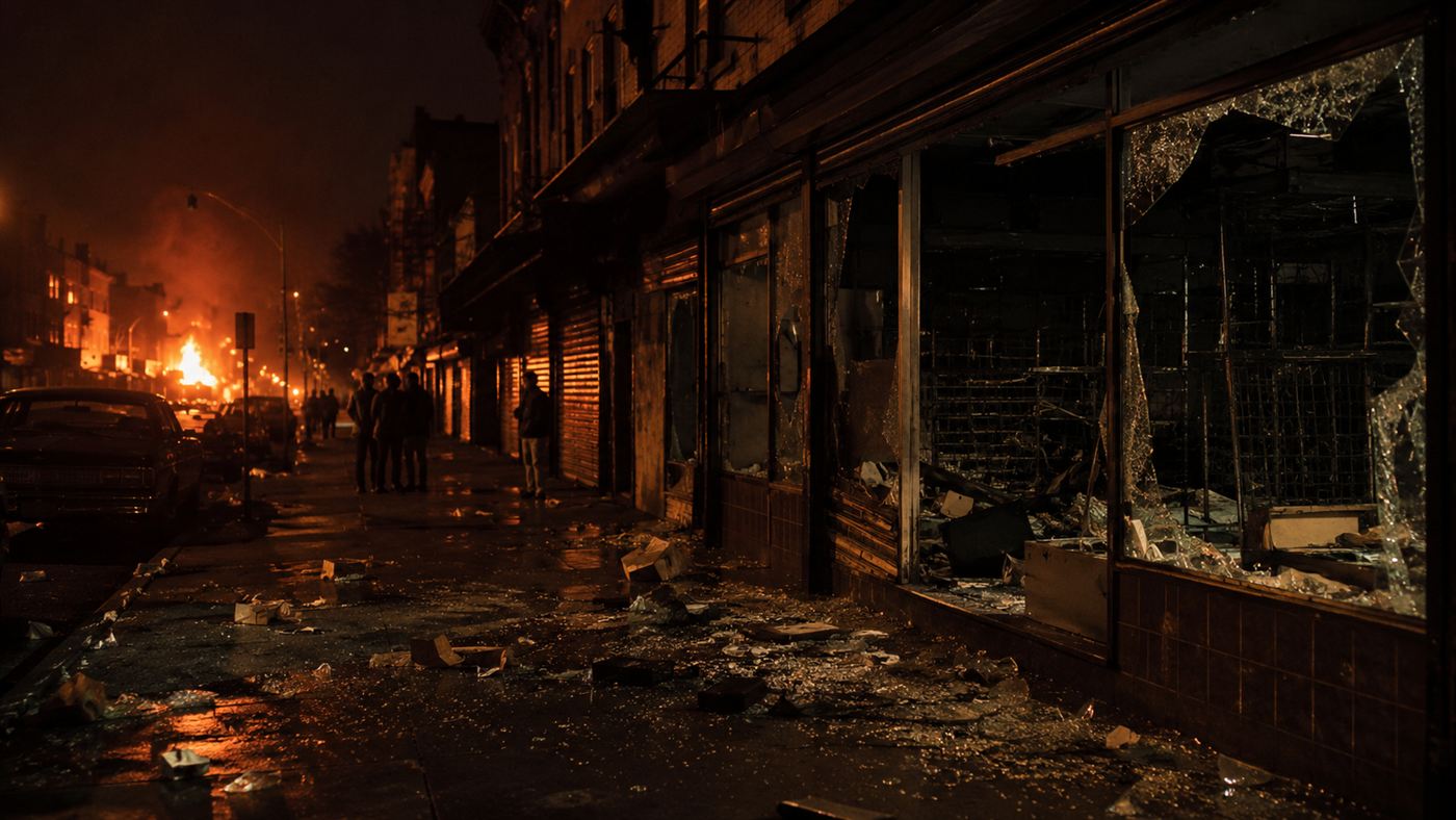 A looted, fire-lit New York street during the 1977 New York City blackout
