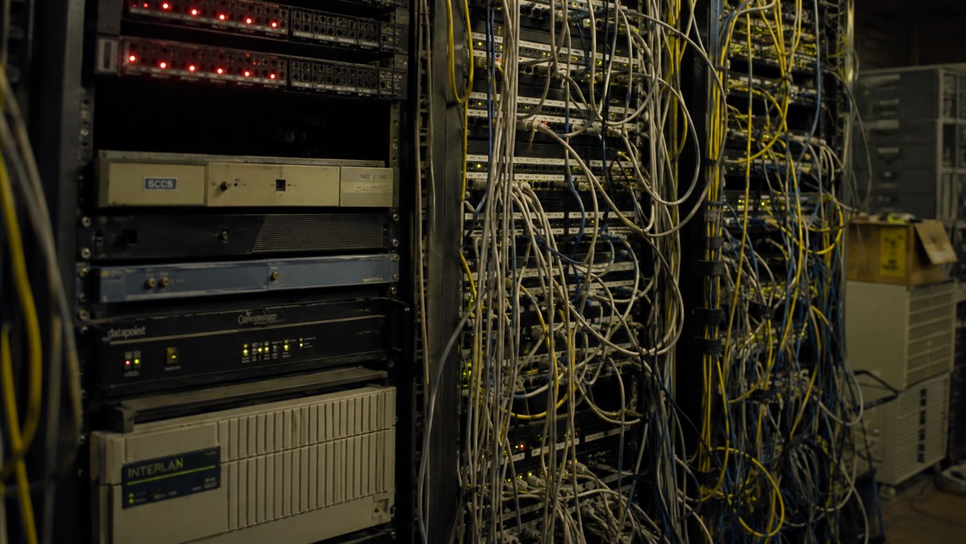 A tangle of network cables and patch panels in a 1980s server rack