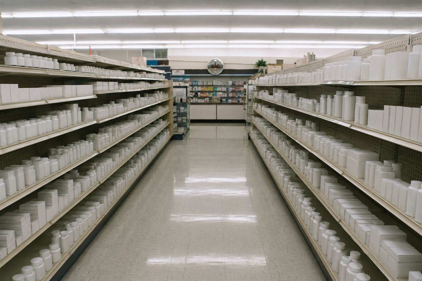 A 1980s American drugstore shelf lined with rows of plain white over-the-counter medicine bottles under fluorescent light