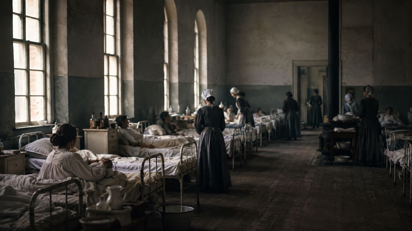 A crowded, austere 19th-century hospital maternity ward with rows of iron beds under high windows