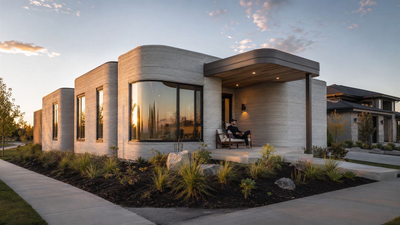 A finished house with curved layered walls in a new affordable housing development at golden hour