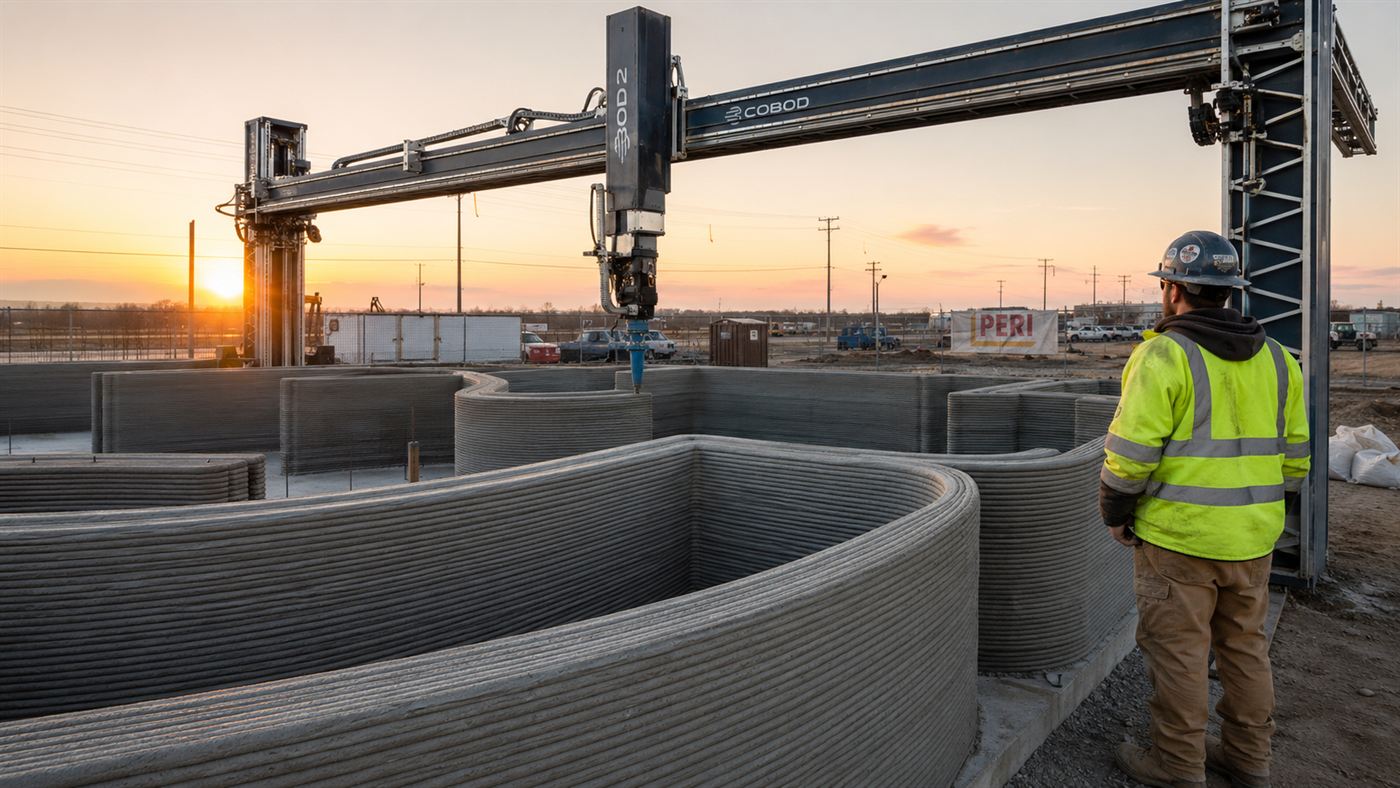A robotic gantry printer extruding the curved walls of a 3D-printed home on a building site