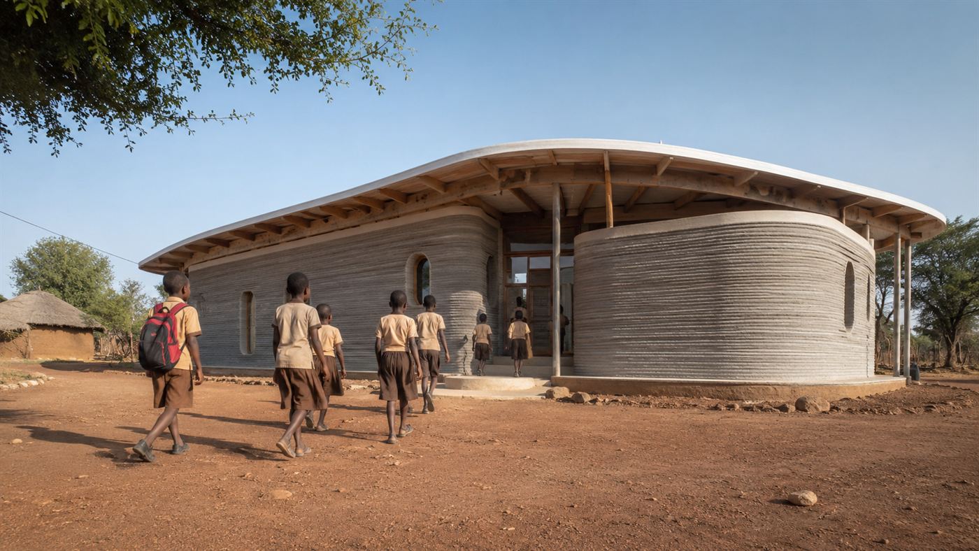 A newly printed school with curved layered concrete walls in a rural African village