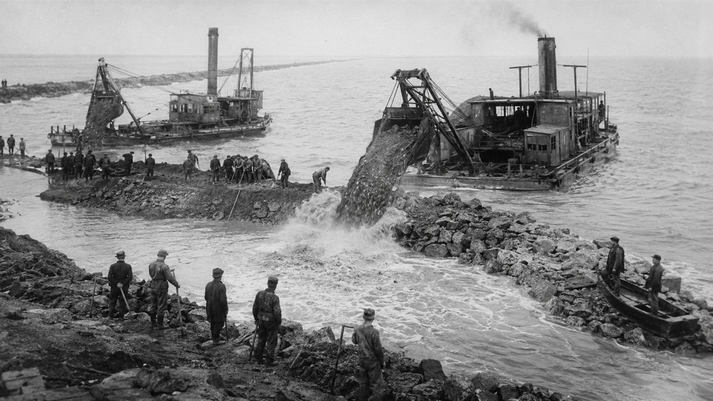 Workers and dredgers in the 1930s tipping fill into the last gap of the Afsluitdijk to close off the Zuiderzee