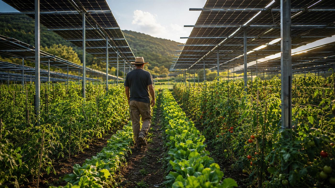 Rows of solar panels raised on tall frames over a lush field of leafy greens and tomato plants, a farmer walking between them, an agrivoltaics farm