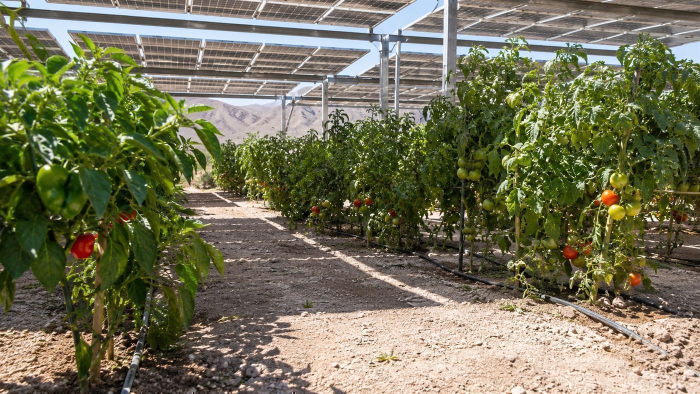 Healthy pepper and tomato plants growing in the dappled shade beneath raised solar panels in a dry climate, higher crop yields with less water