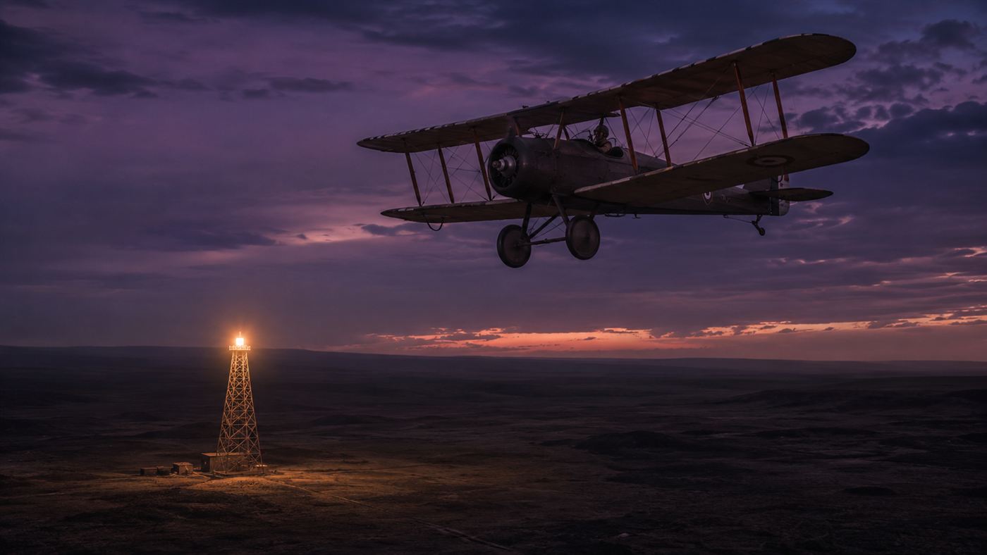 A 1920s open-cockpit airmail biplane flying at dusk above a lit beacon tower on the ground