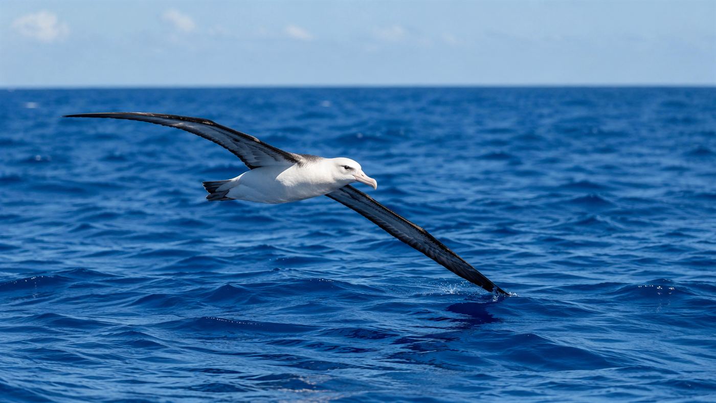 A Laysan albatross soaring low over the open ocean on long narrow wings, like Wisdom the oldest wild bird