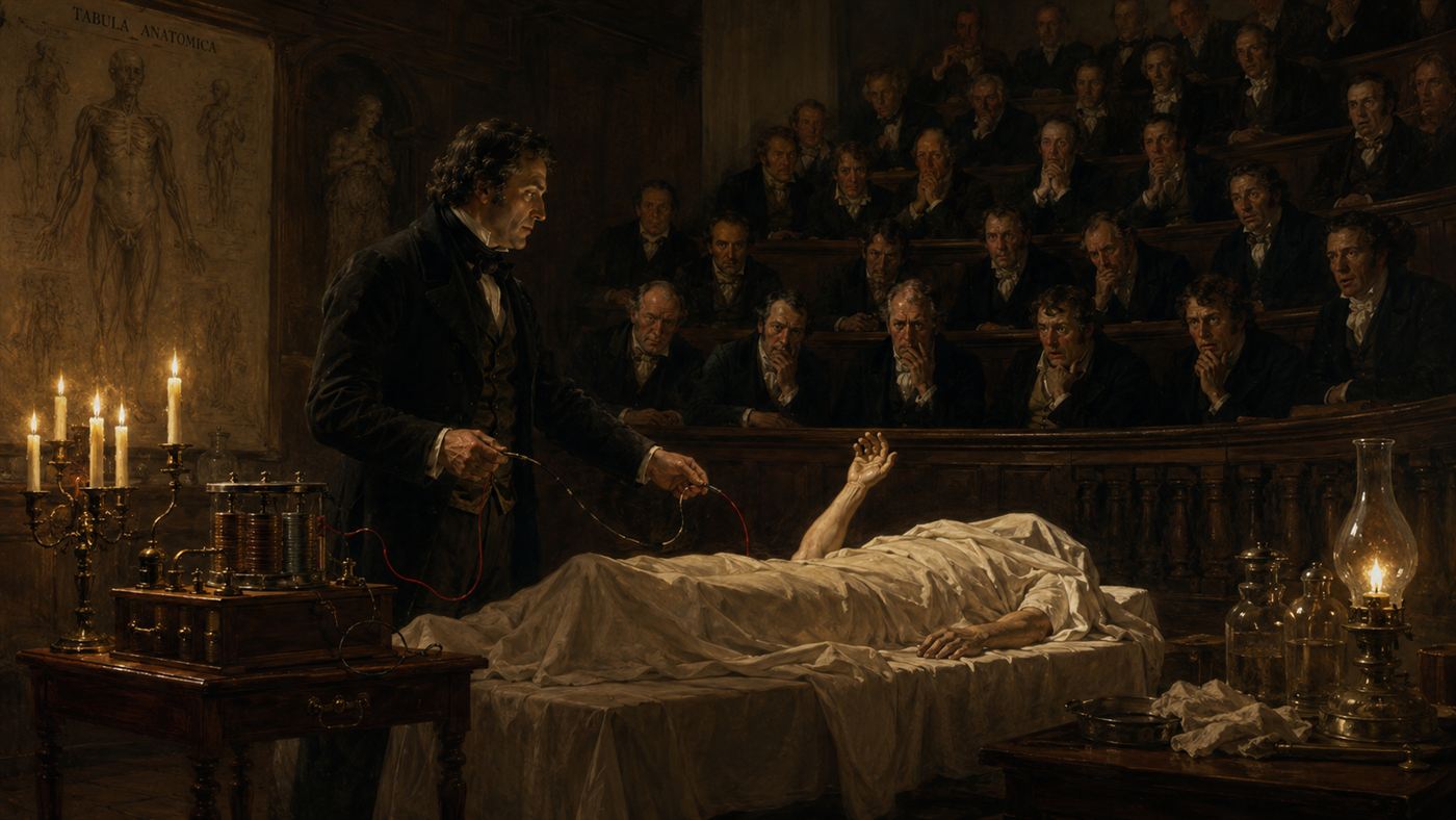 An early-1800s demonstrator applying wires to a corpse on a slab as a limb lifts, before a shocked audience