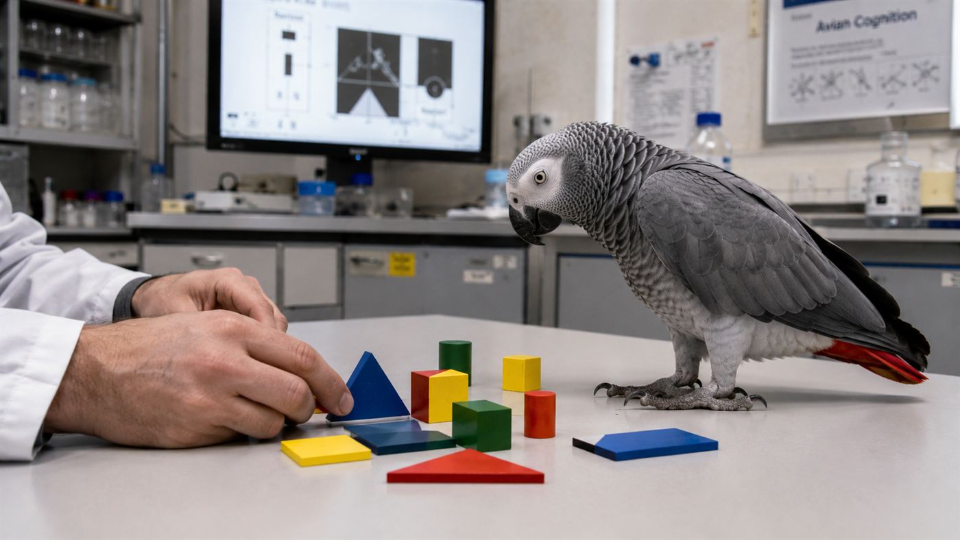 An African grey parrot examining colored blocks and shapes on a table in a cognition experiment
