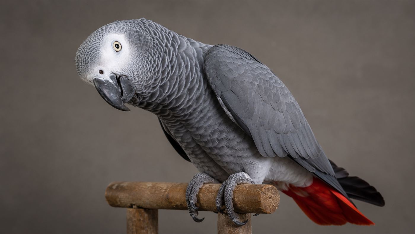 Alex the parrot, an African grey parrot with pale eyes and a red tail, tilting its head with a curious expression