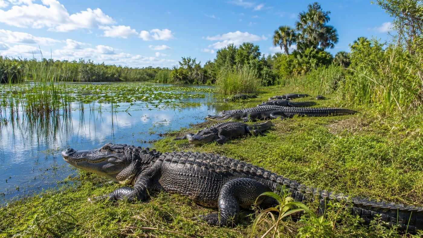 Several alligators basking on the banks of a lush green Florida wetland under a bright sky