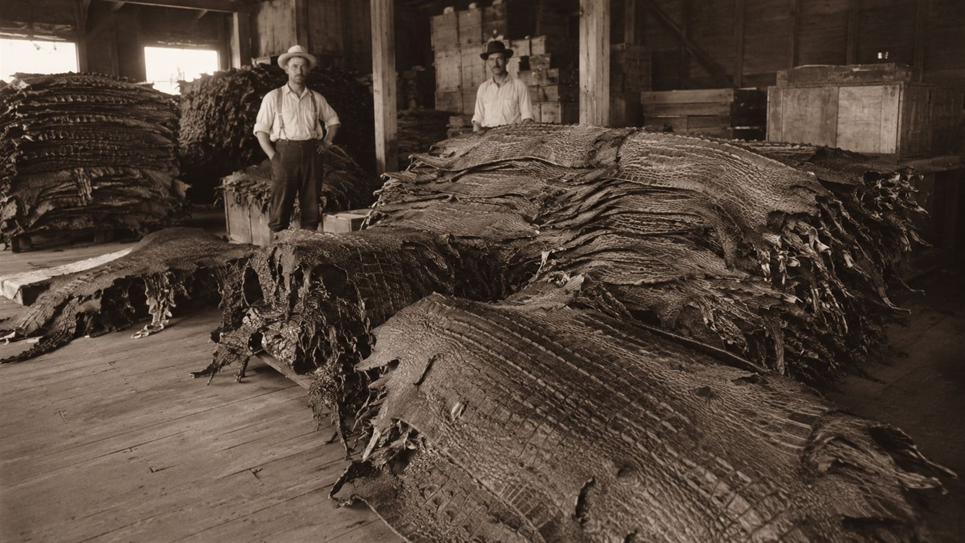 Stacks of alligator hides from early 20th century commercial hunting in the American South