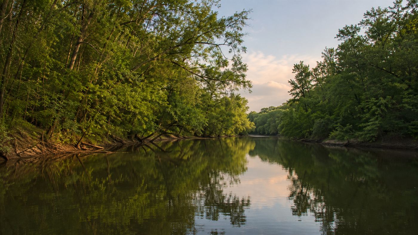 A calm river winding through dense green southern woodland in Georgia, the Altamaha River