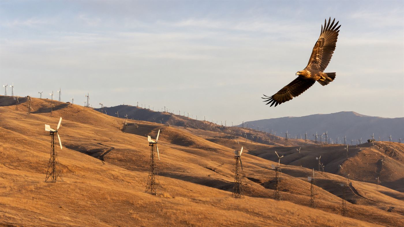 Old lattice wind turbines covering the golden hills of Altamont Pass with a golden eagle soaring overhead