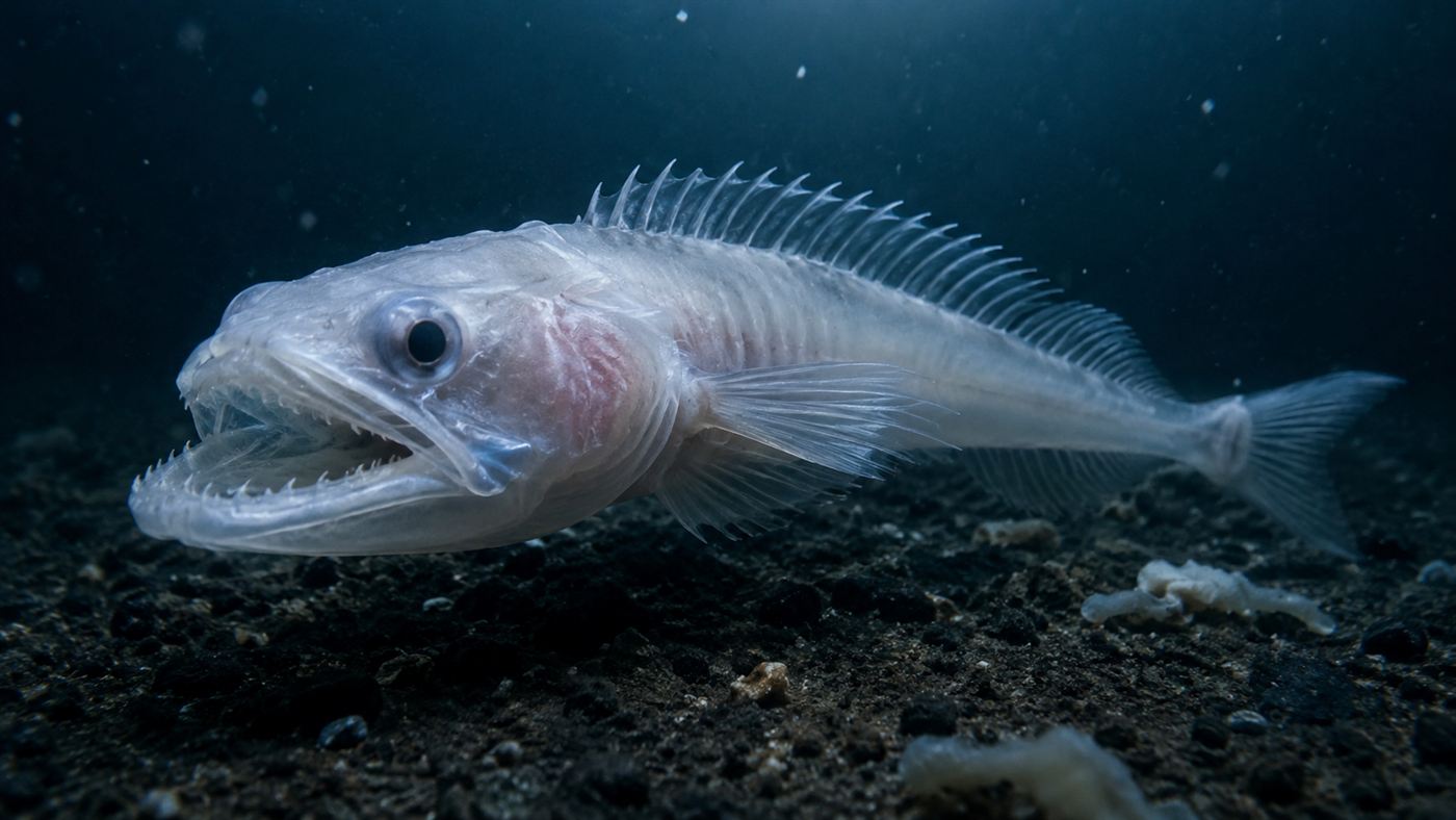 A pale translucent Antarctic icefish with a large mouth hovering near the dark seafloor in freezing water