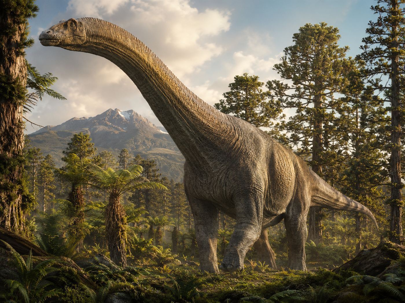 Illustration of a large long-necked titanosaur dinosaur walking through a green Late Cretaceous forest