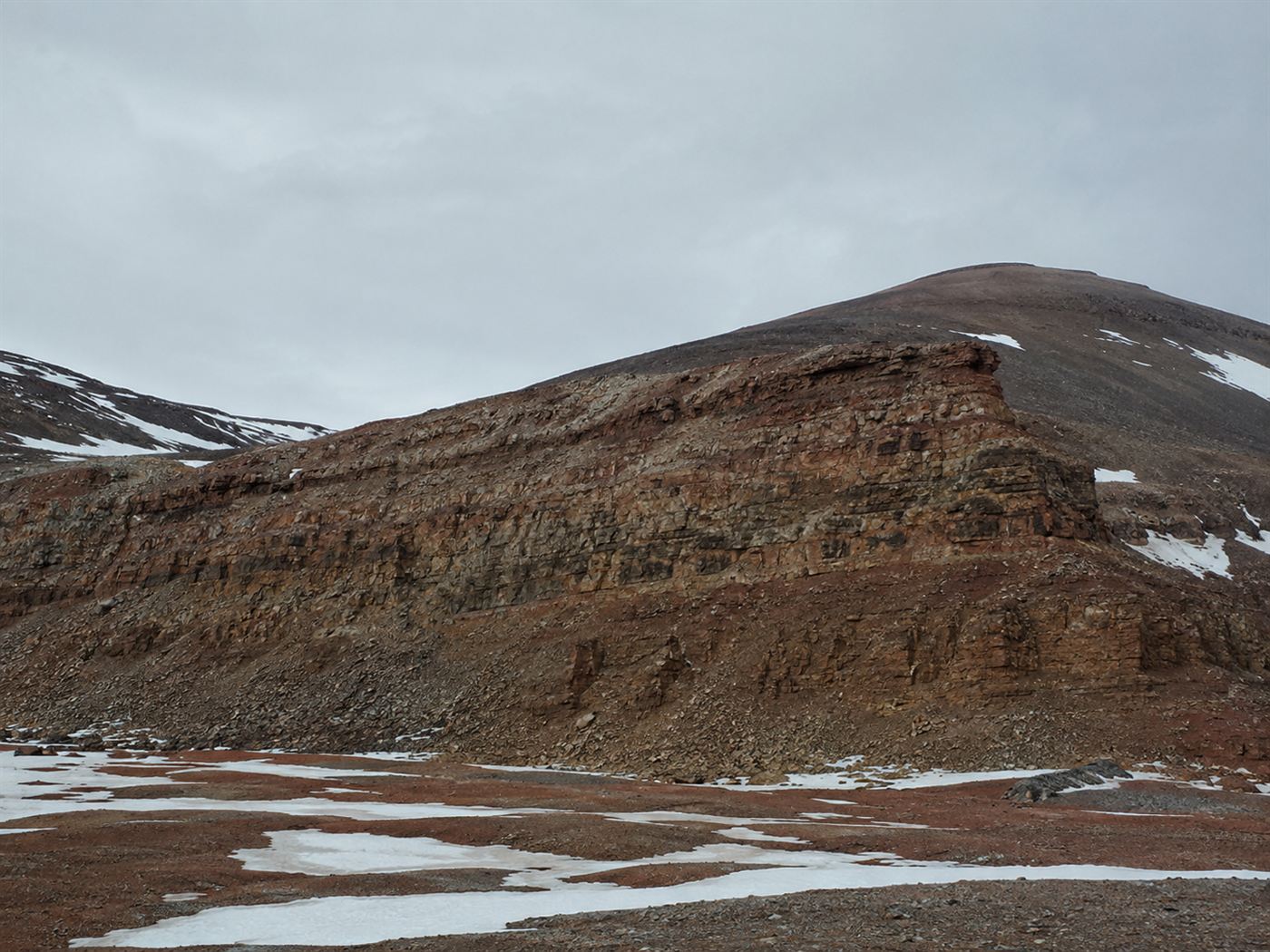 Bare reddish rocky slopes and fossil-bearing cliffs of James Ross Island near the Antarctic Peninsula under a pale sky