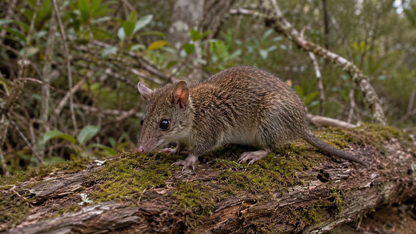 A small mouse-like brown antechinus marsupial perched on a log in Australian bushland