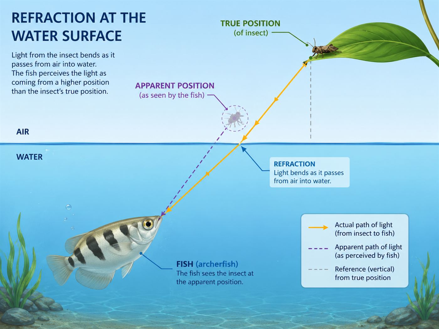 A diagram showing how light bends at the water surface, so the insect's apparent position differs from where it really is above an archerfish