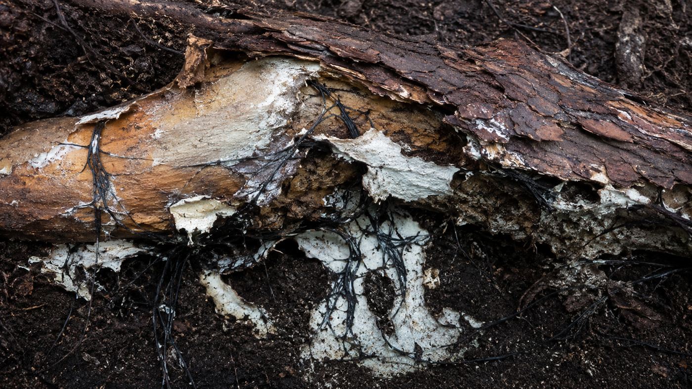 Black bootlace-like Armillaria rhizomorphs and white fungal sheets spreading over conifer tree roots underground