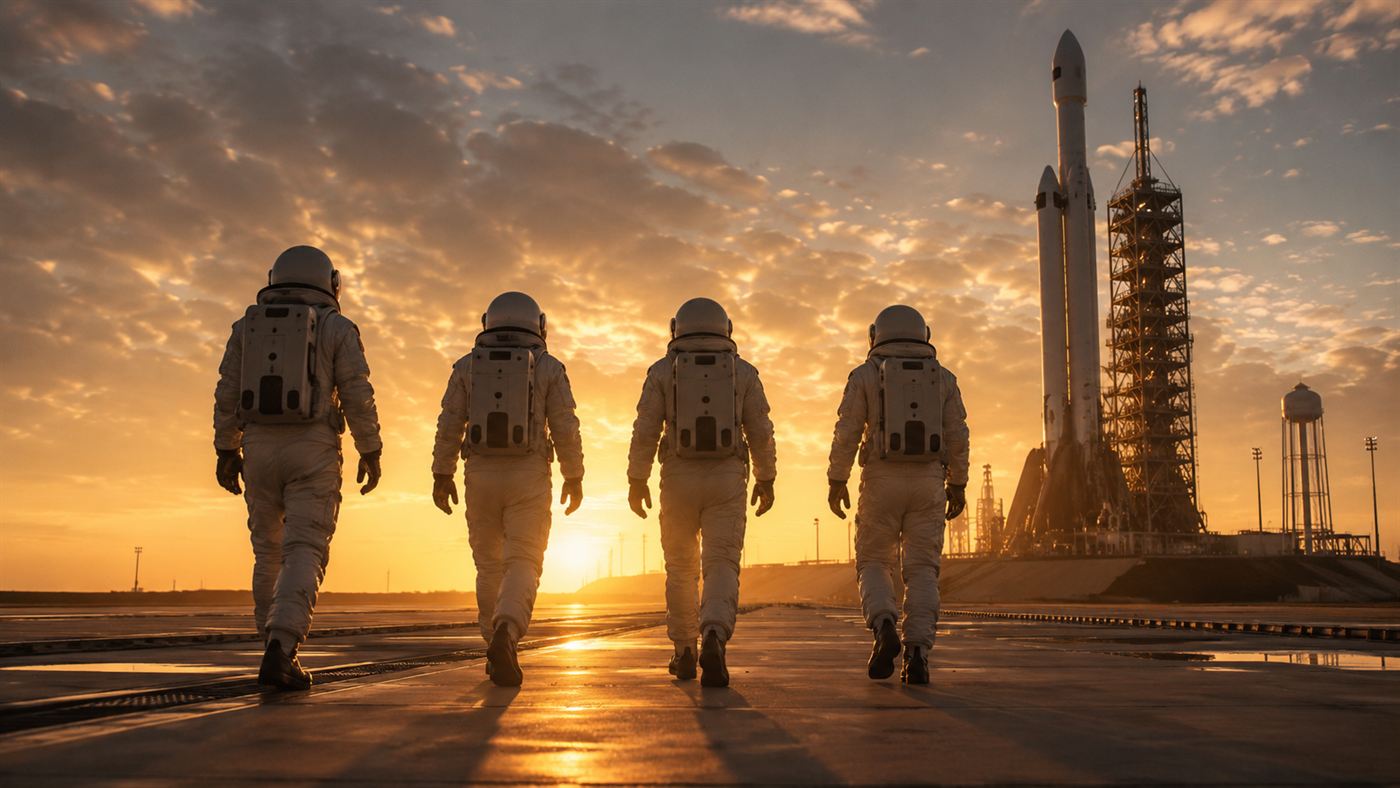 Four astronauts in white spacesuits walking together toward a rocket at dawn ahead of the Artemis III mission