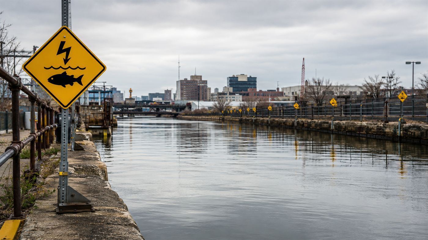 An industrial canal near Chicago with warning signs marking the underwater electric fish barrier