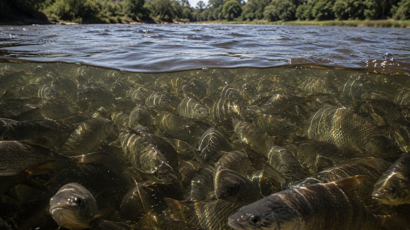 A dense mass of large silver carp crowding just below the surface of a muddy river